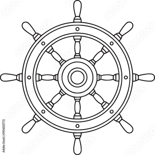 A detailed line drawing of a ship's wheel with eight spokes on a white background centered in the frame