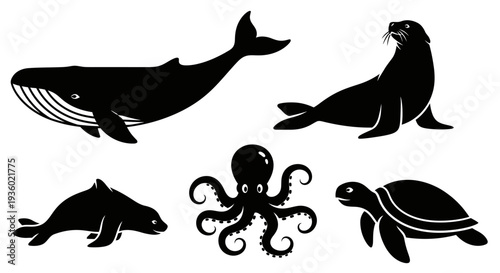 Marine Animals Silhouettes Collection: Whale, Seal, Octopus, Sea Turtle Icons