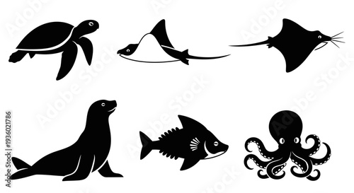 Marine Animals Silhouettes Set - Ocean Life Vector Icons Collection