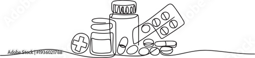 One continuous line drawing of medicine set with pills. Pharmaceutical components and capsules in container with drugs symbols in simple linear style. one line Icon drawing