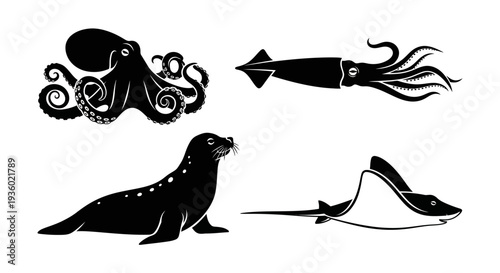 Marine Animals Silhouettes: Octopus, Squid, Seal, and Stingray Vector Set