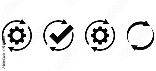 Sync process icon set, synchronization processing symbols, circle arrow with gear wheel, data update, system refresh, and workflow automation concept vector