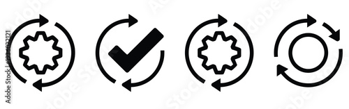 Sync processing icon collection featuring circular arrow rotation, gear wheel mechanism, system synchronization, data transfer, and technology process design