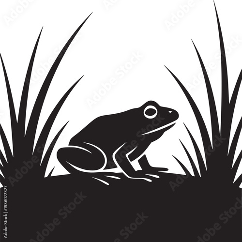 A black silhouette of a frog sitting among tall blades of grass against a white background design art