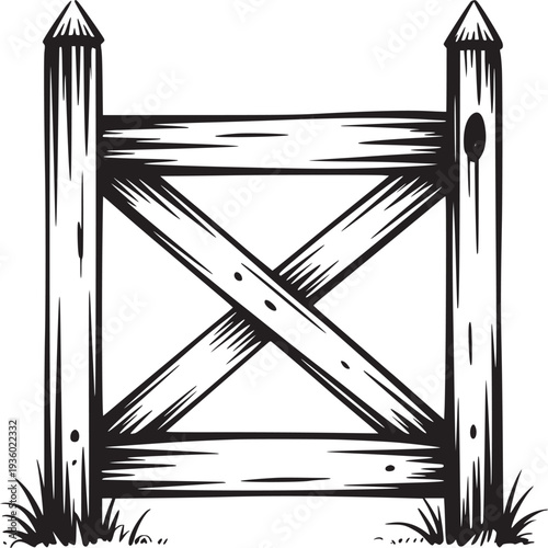 Illustration of a wooden gate with crossed planks and pointed posts in black and white style