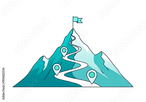 Snow capped mountain with winding path marked by location pins leading to flag on peak symbolizing journey towards achieving success