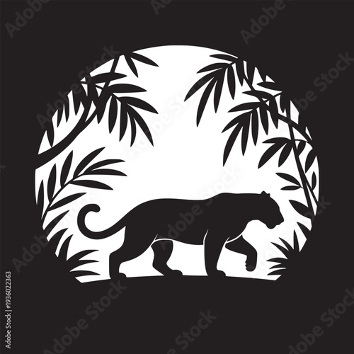 Black panther silhouette walking through bamboo trees in a white circle on black background