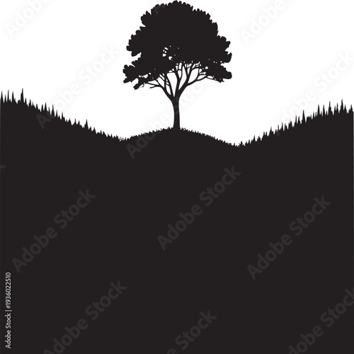 A monochrome landscape featuring a solitary tree atop a hill surrounded by misty mountains and a white sky