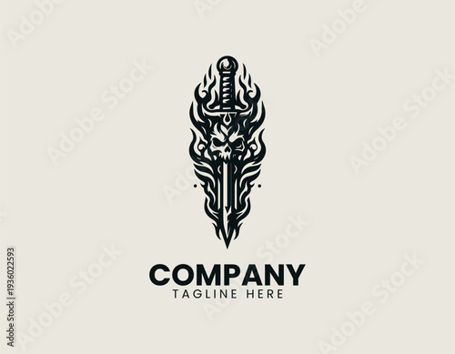Ornamental dagger with skull jaw and flame elements is presented as bold monochrome vector logo on clean white background for gaming and tattoo branding use