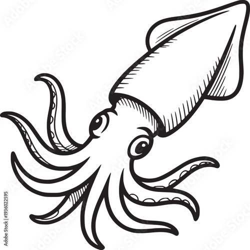A stylized black and white drawing of a squid with tentacles and large eyes on a white background
