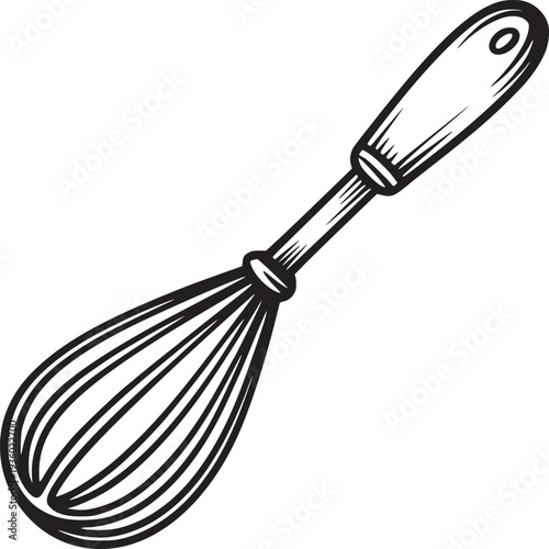 A black and white illustration of a whisk with a handle and wire loops on a white background