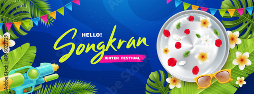 Songkran Thailand Water Festival Web Banner with Tropical Leaves and Traditional Water Bowl