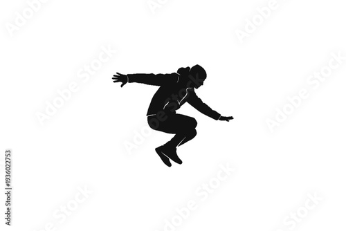 Silhouette of a Jumper: A dynamic silhouette captures a person in mid-air, embodying agility and movement against a backdrop of understated simplicity.
