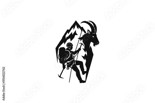Climber in Majestic Mountains: A silhouette of a determined climber scaling a rugged mountain, complemented by the image of a mountain goat, symbolizing resilience and the pursuit of summit.