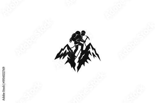 Summit Striving: A determined silhouette of a climber, equipped for adventure, fearlessly ascends a jagged mountain peak, signifying ambition and the relentless pursuit of achievement.