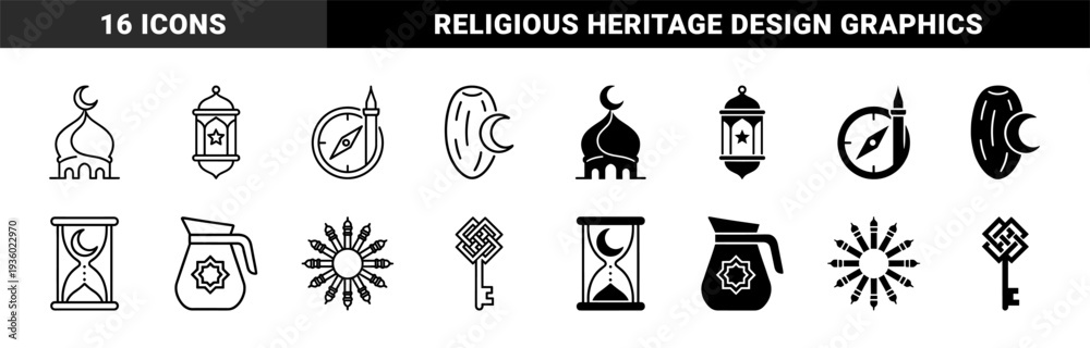 Naklejka premium Islamic heritage symbol collection featuring hybrid mosque crescent motifs Ramadan lanterns Qibla compass and geometric Arabesque key designs in line and solid style