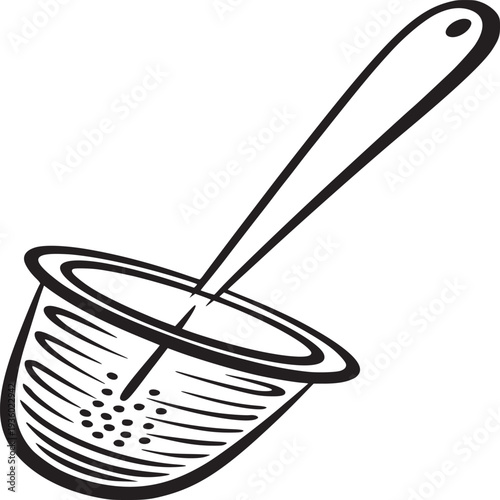 A black and white illustration of a cocktail strainer with a long handle on a white background