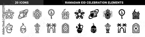 Islamic cultural symbols featuring hybrid designs of Kaaba with orbital rings globe with mosque dome and prayer beads with Arabic calligraphy in linear and solid styles