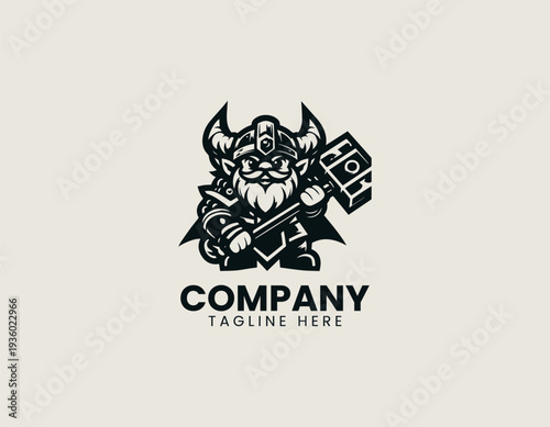 Cartoon dwarf warrior with horned helmet and hammer is presented as bold monochrome vector logo on clean white background for gaming and mascot branding use