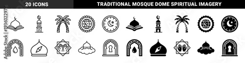 Islamic cultural symbols merged with modern geometric elements featuring mosque domes integrated with open books prayer beads globe and desert palms
