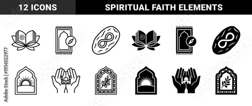 Islamic spiritual hybrid icons featuring quran lotus fusion prayer rug with qibla compass and fasting date infinity symbol in linear and solid style
