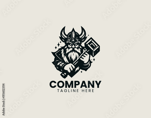 Cartoon dwarf warrior with horned helmet and hammer is presented as bold monochrome vector logo on clean white background for gaming and mascot branding use
