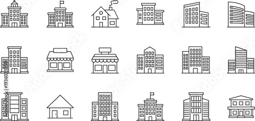 Building icons set, city architecture line vector collection, office, house, shop, apartment, school, urban real estate outline illustration