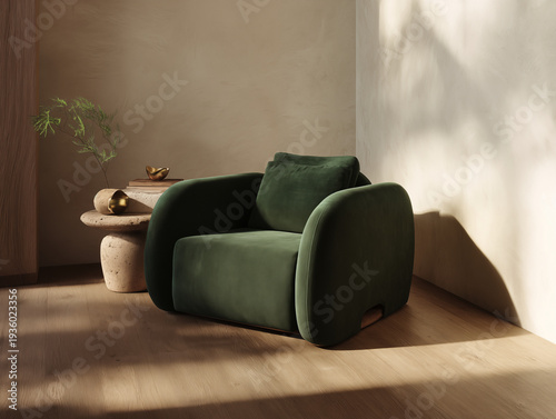 Luxurious deep green velvet armchair with plush cushions and subtle wooden accents, elegantly set in a sun-dappled modern room with minimalist decor and soft lighting
