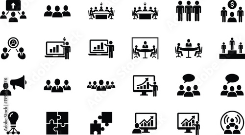 Business leadership, teamwork, meeting, presentation, strategy, management, communication icons set, corporate training, collaboration, conference, analytics, growth discussion vector pictogram