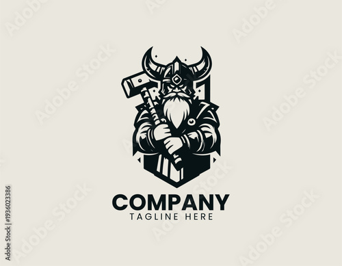 Cartoon dwarf warrior with horned helmet and hammer is presented as bold monochrome vector logo on clean white background for gaming and mascot branding use
