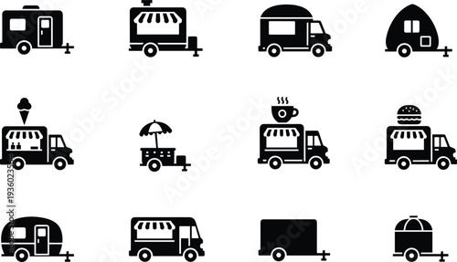 Food truck and trailer icons set, street food vehicles, mobile restaurant, coffee, burger, ice cream vector illustration