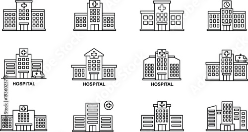 Hospital building icons set, medical center line vector collection, healthcare clinic, ambulance service, emergency facility, urban hospital outline illustration