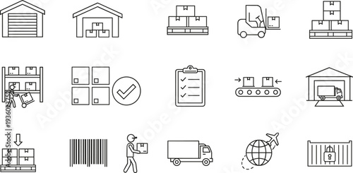 Warehouse logistics icons set, shipping, storage, delivery truck, pallet boxes, inventory management, supply chain line vector illustration
