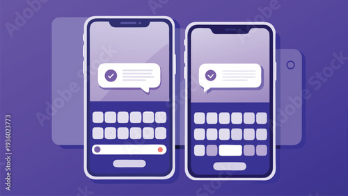 iMessages dual chat interface mockup with bubble conversations keyboard, modern unified messaging layout, messaging experience vector illustration, Mobile Messaging App UI with Smartphone Screens