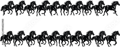 Seamless running black horse silhouette pattern, wild stallion herd illustration, galloping equine vector design isolated on white background repeatable wallpaper