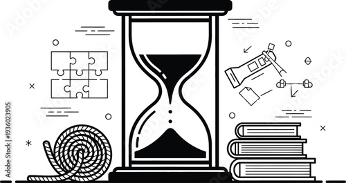 An hourglass sits beside stacked books and a coiled rope with puzzle pieces and tools floating around.