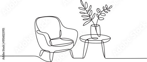 Continuous one line drawing of armchair and table with vase with plant. Scandinavian stylish furniture in simple Linear style. one line Icon drawing