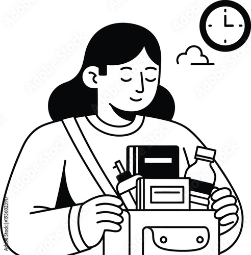 A young woman packs her bag with books and a water bottle, preparing for a day out, wqe (393) reference