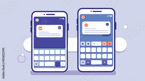 iMessages dual chat interface mockup with bubble conversations keyboard, modern unified messaging layout, messaging experience vector illustration, Mobile Messaging App UI with Smartphone Screens