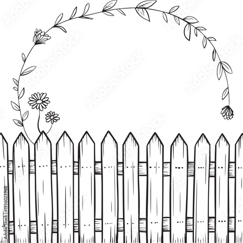 A black and white drawing of a fence with flowers and vines arching over the top of the fence line