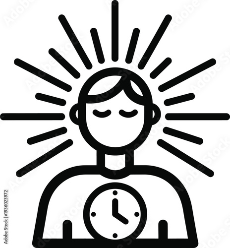 Person wakes up feeling refreshed with clock on shirt and sunburst behind head wqe (395)
