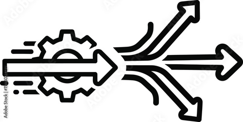 A gear mechanism triggers multiple arrows pointing in different directions dynamically.