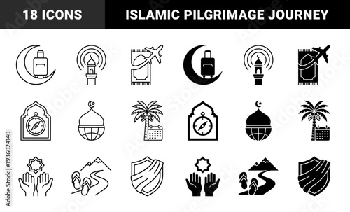Islamic Pilgrimage and Travel Concept Icons Merging Religious Symbols with Modern Journey Elements Like Suitcases Airplanes and Navigation Tools
