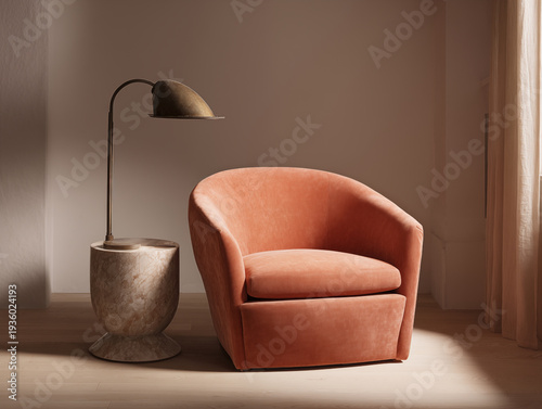 Cozy and inviting coral accent chair with a modern lamp, perfect for adding warmth and style to any living space