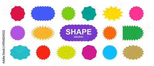 Sticker shape, label star icon. Round price tag, sun burst stamp. Discount sale circle and oval. Retro colorful bubble curve edge set isolated on white bg. Zig zag empty element. Vector illustration