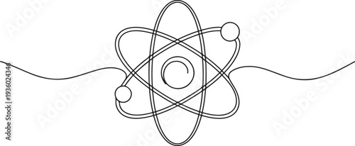Atom continuous one line drawing. Proton, neutron, electron, core value. Vector illustration. one line Icon drawing