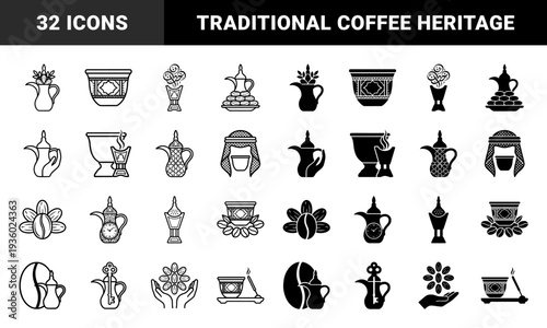 Traditional Arabic Coffee Culture Icons Featuring Dallah Pots Merged With Geometric Ornaments Dates Grains And Cultural Symbols In Dual Line And Solid Style