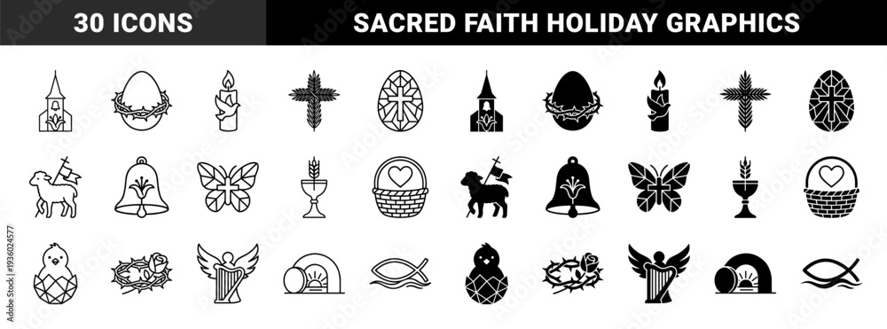 Obraz premium Easter religious hybrid symbol collection featuring minimalist christian church bells eggs with thorns and floral stained glass butterfly motifs in outline and solid versions