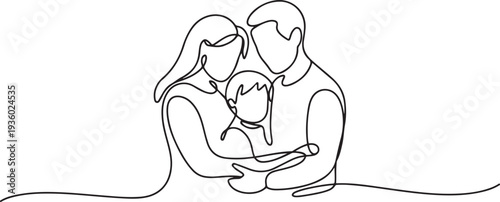 Happy family continuous one line drawing. Parents with their kid in simple linear style. one line Icon drawing