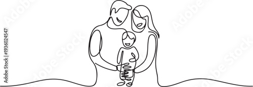 Happy family continuous one line drawing. Parents with their kid in simple linear style. one line Icon drawing